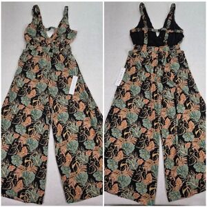 Lumiere Women Large Jumpsuit Black Tropical Floral NWT Wide Leg Palm Leaf Romper